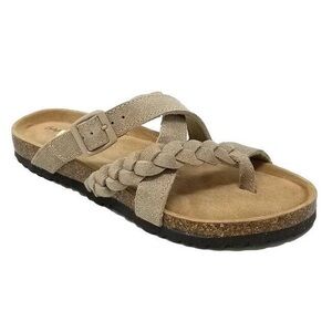 Braided Suede Toe-Loop Slide Sandal in Beige